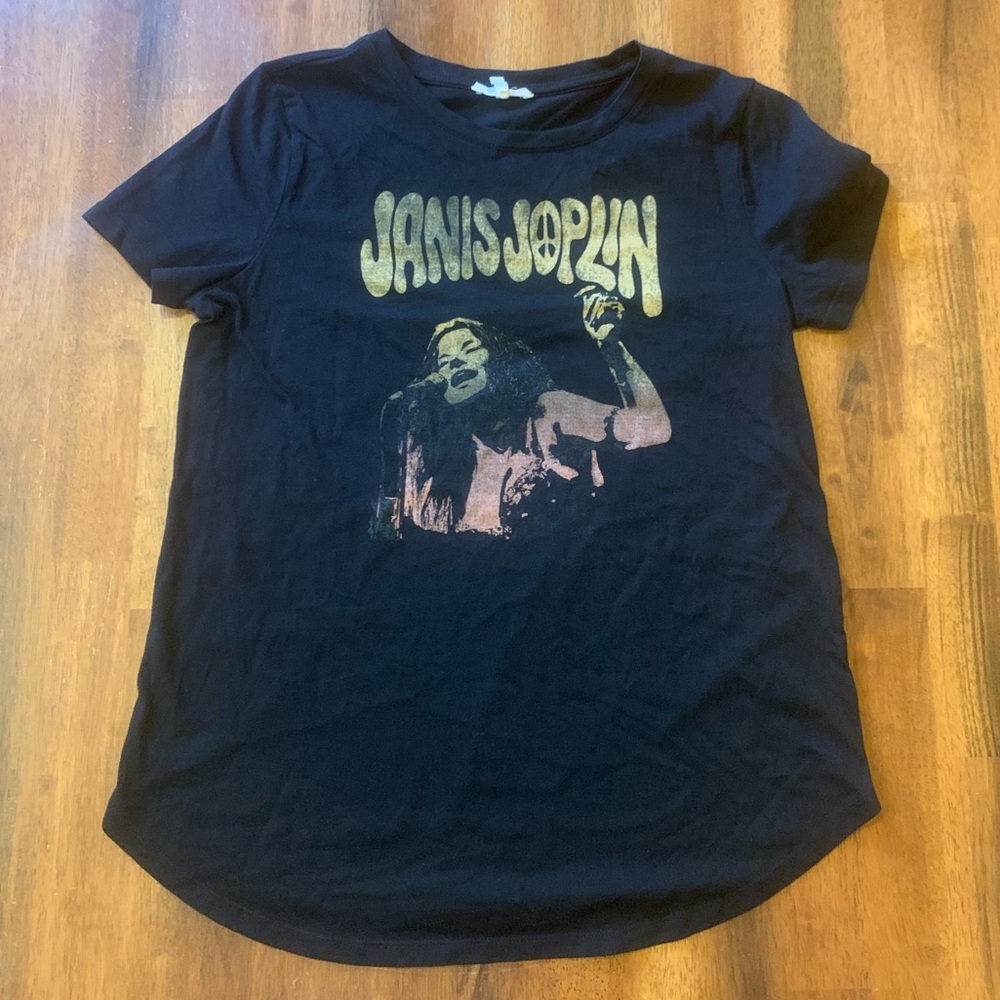 Maurices Janice Joplin T-shirt Small Black with Gold lettering Pic of Janice